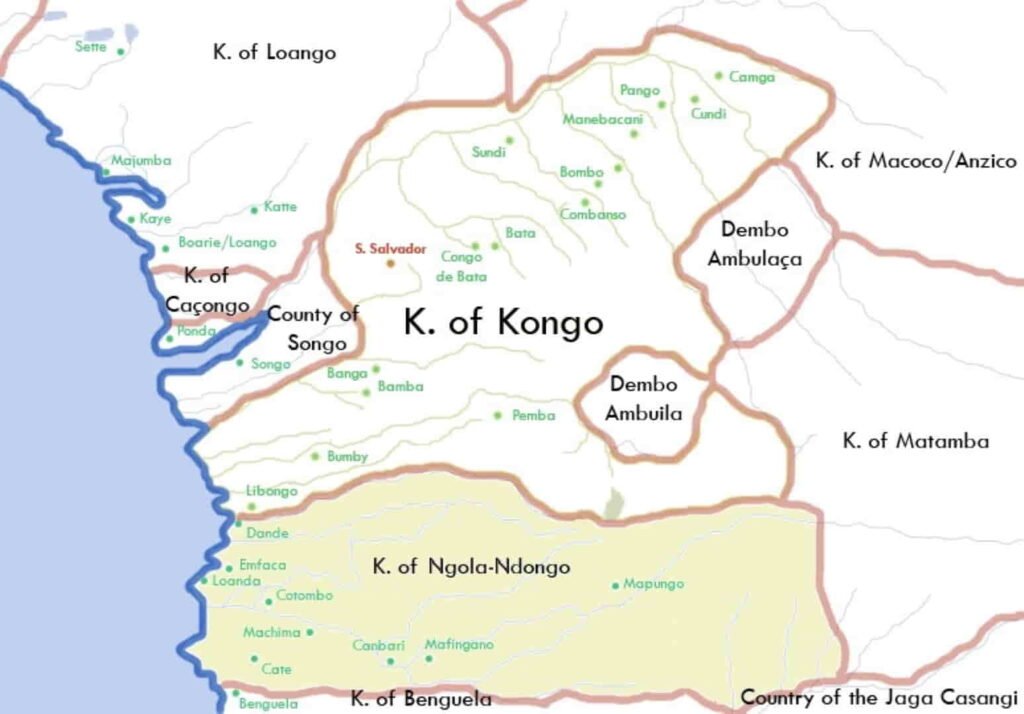 La tradición Mapa con los distintos reinos surgidos entre el siglo XIV al XVI. En tono más oscuro el Reino Ngola Ndongo, el que regentaban los Ngola o grandes jefes BaPende.                                                                                                                                                                                                                              